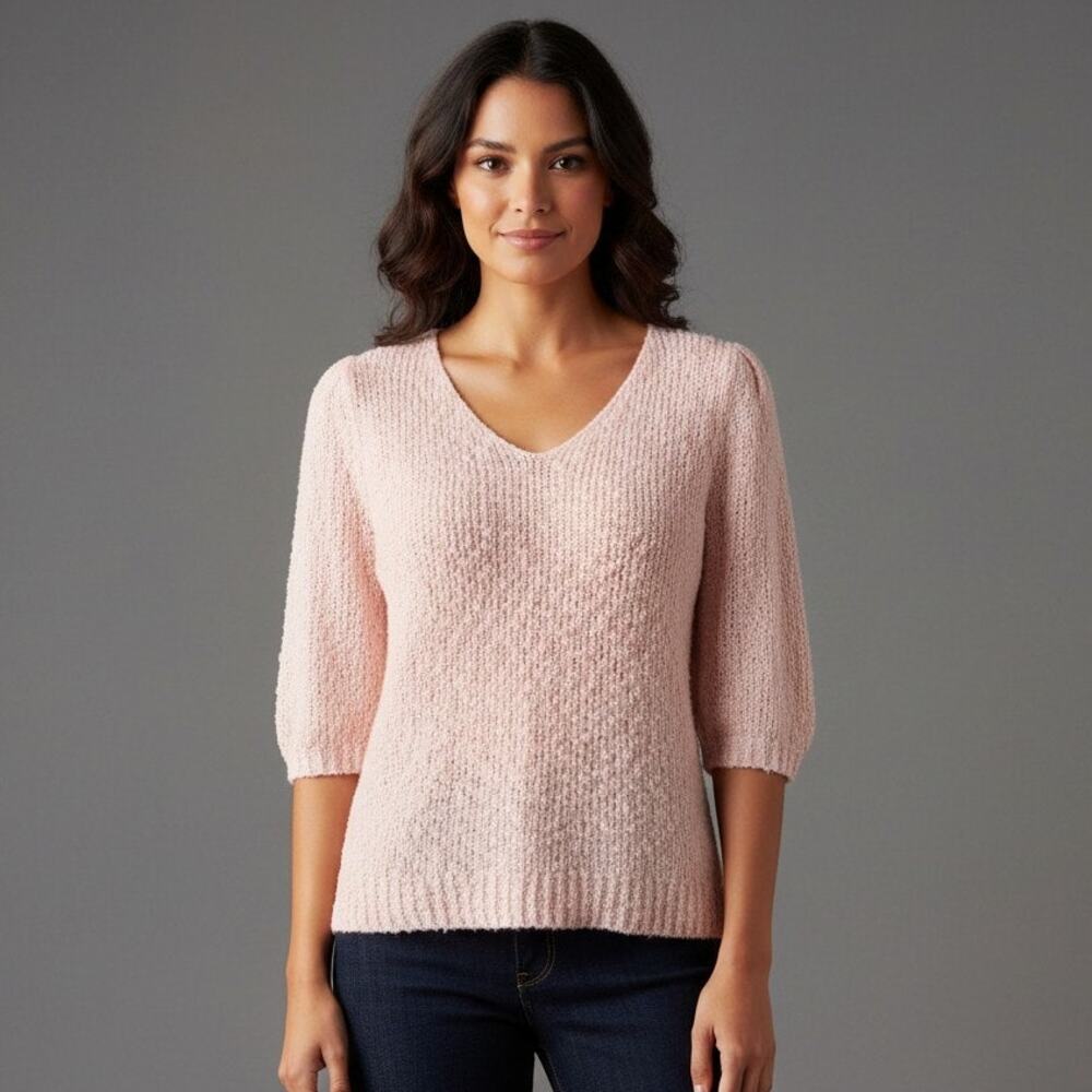Vintage Essex Junction V-Neck Sweater Women's Size Large Pink Knit Short Sleeve